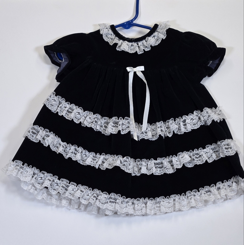 Little Gems vintage 80s 90s Blue Velvet White Lace Baby Formal Dress sz 18MO
